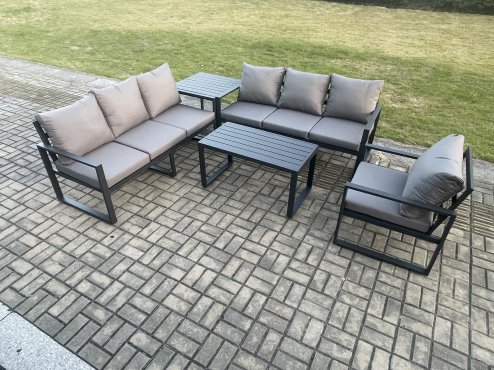 Fimous Aluminium 7 Seater Garden Furniture Outdoor Patio Sofa Set with Rectangular Coffee Table Armchair Side Table Dark Grey