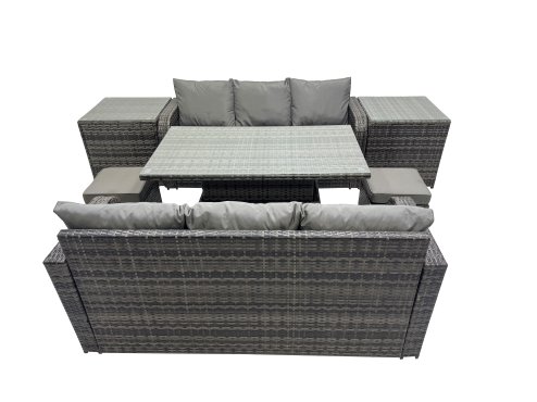 Fimous Rattan Garden Furniture Dining Set 8-seater Patio Height Adjustable Rising Lifting Table Sofa Set with 2 Side Table 2 Small Footstools Dark Grey Mixed