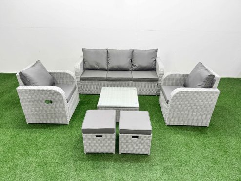 Fimous PE Rattan Garden Furniture Set Reclining Chair Sofa Lounge Sofa Set Square Coffee Table 2 Small Stools Light Grey Image
