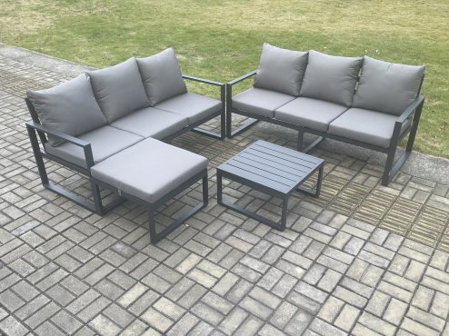 Fimous Aluminium 4 Pieces Garden Furniture Sofa Set with Cushions 7 Seater Outdoor Patio Set with Square Coffee Table Big Footstool Dark Grey