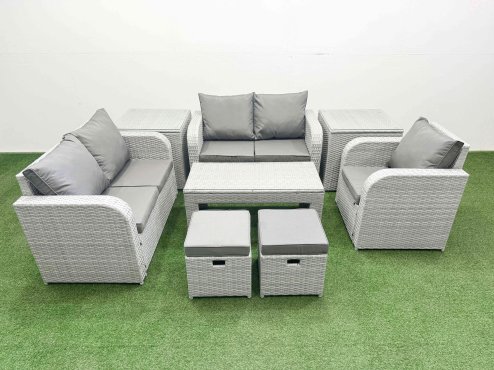 Fimous High Back Poly Rattan Garden Furniture Set with Reclining Chair Loveseat Sofa Oblong Coffee Table Indoor Outdoor Patio Set 2 Stool 2 Side Table Light Grey