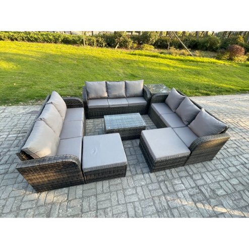 Fimous Outdoor Garden Furniture Sets 11 Seater Wicker Rattan Furniture Sofa Sets with Rectangular Coffee Table 3 Seater Sofa Side Table 2 Big Footstool Dark Grey Mixed