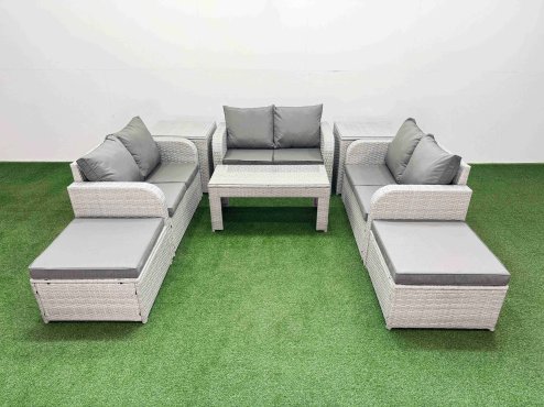 Fimous 8 Seater PE Wicker Rattan Furniture Sofa Sets with Oblong Coffee Table 2 Seater Love Sofa 2 Big Footstool 2 Side Table Light Grey