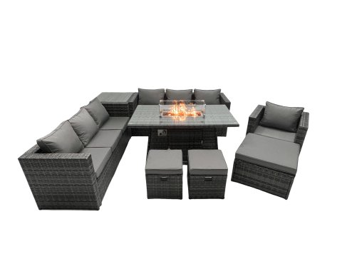 Fimous Rattan Garden Furniture Firepit Dining Set 10 Seater Lounge Sofa Table Set with side table 3 Footstool