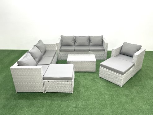 Fimous Wicker PE Rattan Sofa Garden Furniture Set with Armchair Oblong Coffee Table 2 Big Footstools Light Grey Mixed