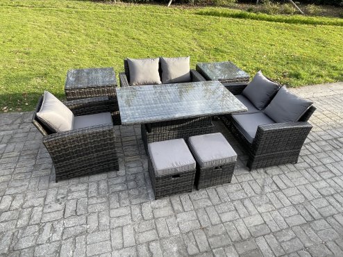 Fimous 7 Seater Outdoor Rattan Patio Furniture Set Garden Height Adjustable Rising Lifting Table Sofa Dining Set with 2 Side Tables 2 Small Footstools Dark Grey Mixed