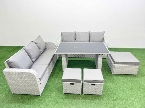 Fimous 9 Seater Rattan Outdoor Dining Table 3 Seater Sofa Set with 3 Stools Light Grey