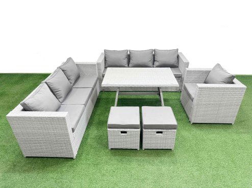 Fimous Outdoor Rattan Garden Furniture Dining Set 9-seater Patio Rectangular Table 3 Seater Sofa Armchair Set with 2 Small Stools
