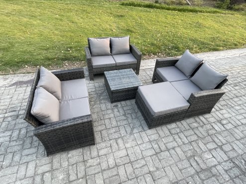 Fimous 7 Seater Rattan Wicker Garden Furniture Patio Conservatory Sofa Set with Square Coffee Table Double Seat Sofa Big Footstool
