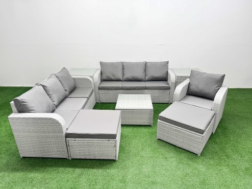 Fimous 9 Seater Poly Rattan Outdoor Garden Furniture Square Coffee Table Sofa Set Patio 3 Seater Sofa Reclining Chair 3 Seater Sofa 2 Big Footstools 2 Side Table Light Grey Image