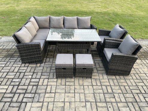 Fimous 10 Seater Garden Rattan Furniture Corner Dining Set with 2 Small Footstools Armchair Indoor Outdoor Lounge Sofa Set Dark Grey Mixed