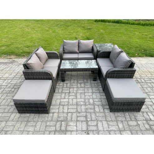 Fimous Outdoor Garden Furniture Sets 7 Pieces Wicker Rattan Furniture Sofa Sets with Rectangular Coffee Table Love seat Sofa 2 Big Footstool Side Table