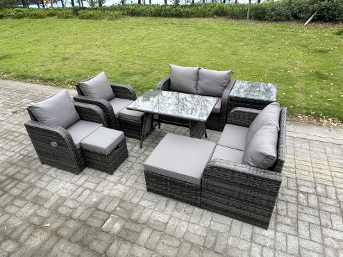 Fimous 9 Seater Wicker PE Rattan Garden Dining Set Outdoor Furniture Sofa with Rectangular Dining Table Side Table 3 Footstools Dark Grey Mixed
