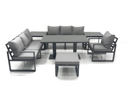 Fimous Outdoor Garden Furniture Set Aluminium Lounge Sofa Adjustable Rising Lifting Dining Table Sets with Big Footstool 2 Side Tables Dark Grey