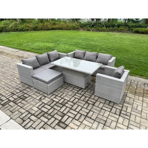 Fimous Outdoor PE Rattan Garden Funiture Set Height Adjustable Rising Lifting Table Sofa Dining Set with Armchair Big Footstool