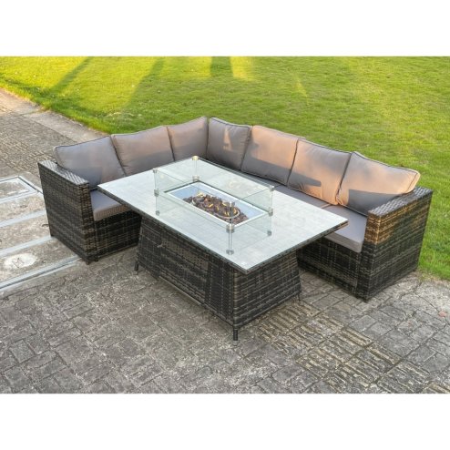 Fimous 6 Seater Outdoor Rattan Garden Corner Sofa Furniture Gas Fire Pit Table Sets Gas Heater Lounge Dark Grey
