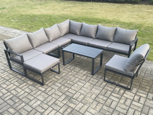 Fimous Aluminium 9 Seater Patio Outdoor Garden Furniture Lounge Corner Sofa Set with Oblong Coffee Table Big Footstool Dark Grey