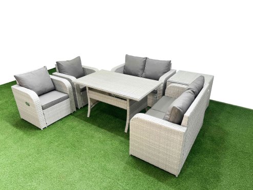 Fimous 6 Seater Outdoor Reclining Chair Love Sofa Set Rattan Garden Furniture Set with Rectangular Dining Table Side Table Light Grey