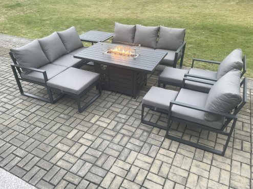 Fimous Aluminium Outdoor Garden Furniture Set Patio Lounge Sofa Gas Fire Pit Dining Table Set with 3 Footstools Side Table Dark Grey