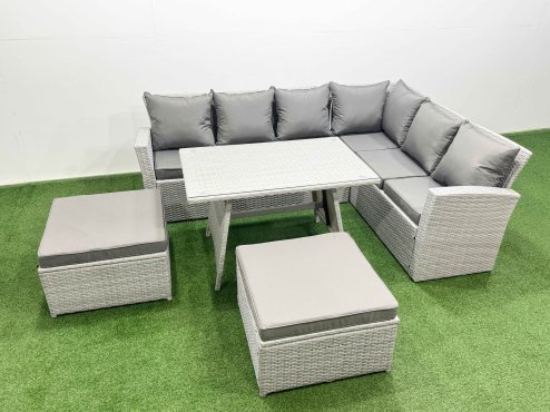 Fimous 8 Seater Garden Outdoor Rattan Furniture Set Rattan Corner Sofa Oblong Dining Table Set with 2 Big Footstools Light Grey Mixed