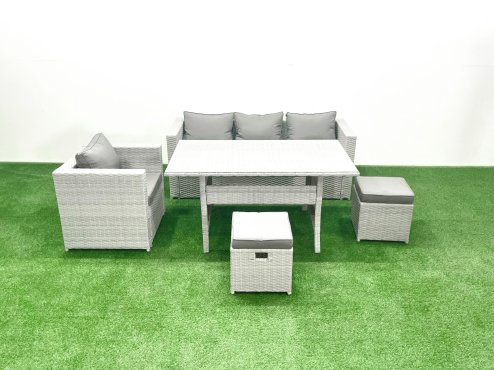 Fimous Garden Dining Set Outdoor Rattan Furniture Set with Sofa Dining Table Small Footstools Light Grey Mixed