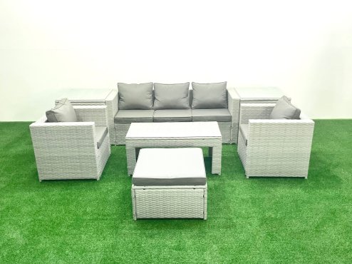 Fimous Rattan Garden Furniture Set 7 Pieces Outdoor Garden Sofa Oblong Coffee Table Set with 2 Chairs 2 Side Tabes Stool Light Grey Mixed