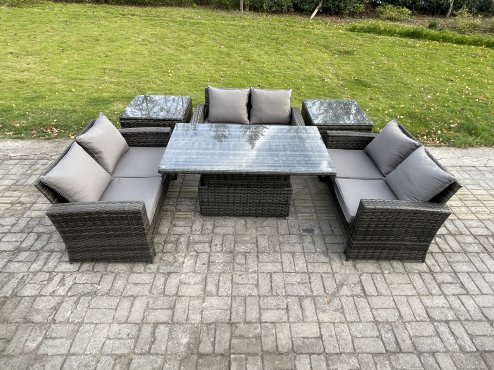 Fimous 6 pieces Outdoor Lounge Sofa Set Wicker PE Rattan Garden Furniture Set with Rising Lifting Table Double Seat Sofa 2 Side Tables Dark Grey Mixed