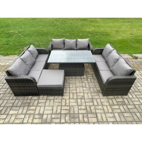 Fimous Patio Garden Dining Set Outdoor Rattan Furniture Lounge Sofa Height Adjustable Rising lifting Table With Big Footstool Dark Grey Mixed