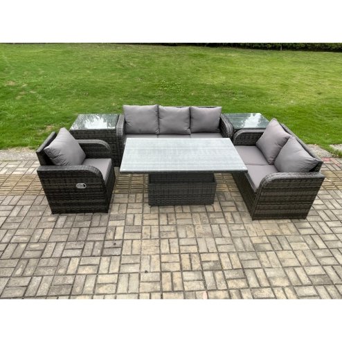 Fimous Outdoor Rattan Furniture Garden Dining Set Patio Height Adjustable Rising lifting Table Reclining Chair Sofa With 2 Side Tables Dark Grey Mixed