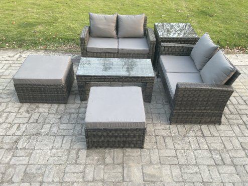 Fimous High Back Rattan Garden Furniture Sofa Sets with Rectangular Coffee Table Side Table 2 Big Footstool Dark Grey Mixed