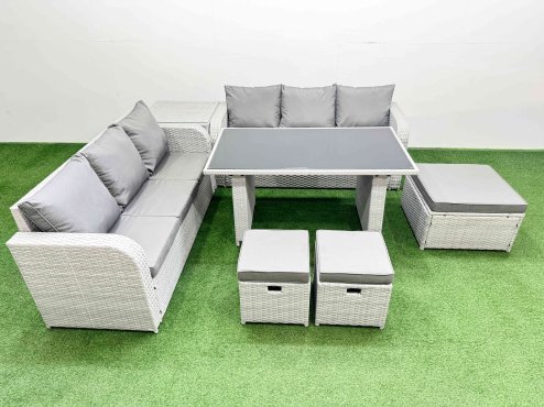 Fimous 9 Seater Rattan Outdoor Dining Table 3 Seater Sofa Set with Side Table 3 Stools Light Grey
