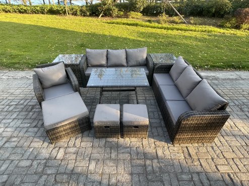 Fimous Wicker 9 Pieces Rattan Garden Furniture Sofa Set with Rectangular Dining Table Armchair 3 Footstools 2 Side Tables Dark Grey Mixed