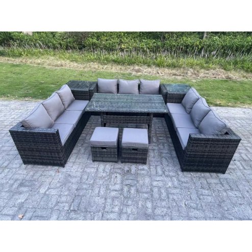 Fimous Outdoor PE Wicker Garden Furniture Rattan Lounge Sofa Set Patio Rectangular Dining Table with 2 Small Footstool 2 Side Table 11 Seater Dark Grey Mixed