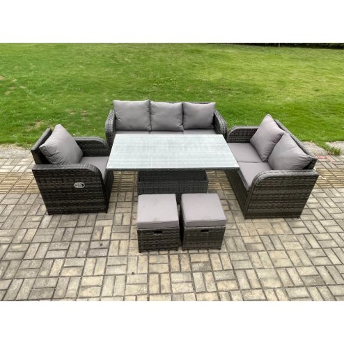Fimous Outdoor Rattan Furniture Garden Dining Set Patio Height Adjustable Rising lifting Table Reclining Chair Sofa With 2 Small Footstools Dark Grey Mixed