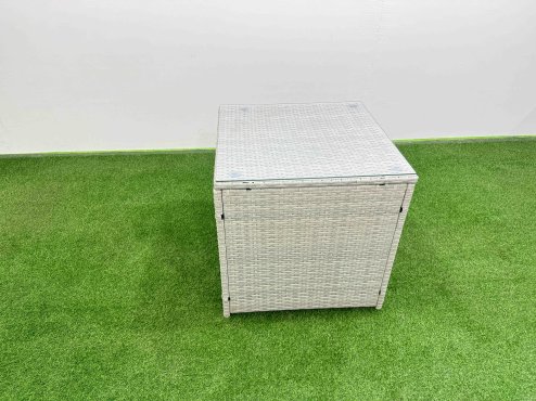 Fimous Patio Outdoor Garden Furniture Sets with Black Glass Top Dining Table 3 Seater Sofa Side Table 2 Big Stool Light Grey