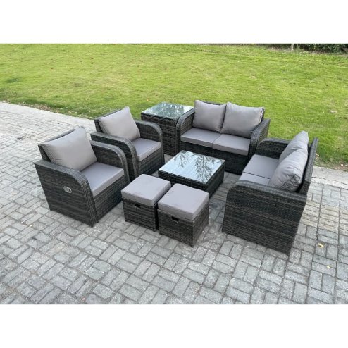 Fimous 8 Seater Rattan Sofa Set Outdoor Garden Furniture Set with Square Coffee Table Loveseat Sofa Reclining Chairs Side Table 2 Small Footstools Dark Grey Mixed