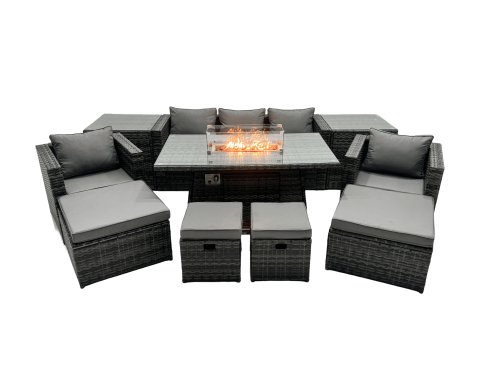 Fimous Rattan Garden Furniture Firepit Dining Set 9 Seater Lounge Sofa Table Set with 2 side table 4 Footstool