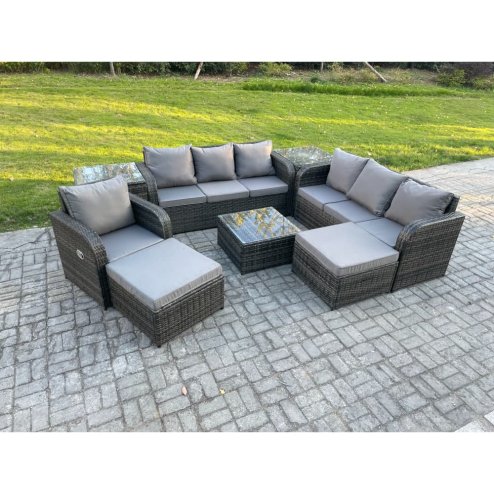 Fimous 9 Seater Outdoor Rattan Garden Furniture Set Conservatory Patio Sofa Coffee Table With Reclining Chair 2 Big Footstool 2 Side Tables Dark Grey Mixed