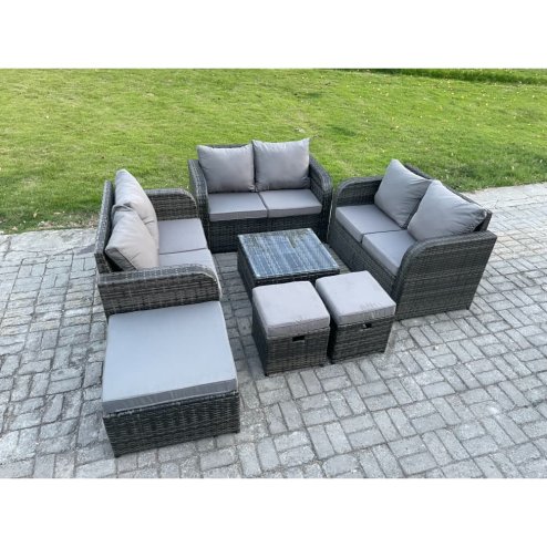 Fimous 9 Seater Outdoor Garden Furniture Sets Wicker Rattan Furniture Sofa Sets with Square Coffee Table Love seat Sofa 3 Footstools