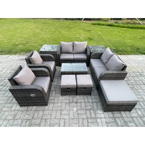 Fimous 9 Seater Rattan Garden Furniture Set Patio Outdoor Lounge Sofa Set with Rectangular Coffee Table 3 Footstools Love Sofa 2 Side Tables Dark Grey Mixed