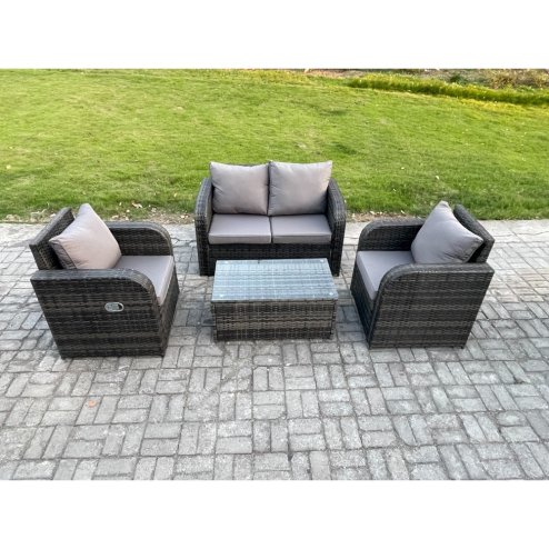 Fimous 4 PC Outdoor PE Rattan Garden Furniture Set Wicker Love Sofa Coffee Table 2 Armchair Dark Grey Mixed