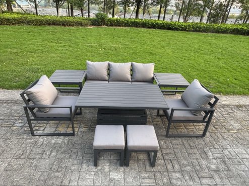 Fimous 7-Piece Aluminium Garden Furniture Sets 7 Seater Outdoor Sofa Set with Adjustable Rising Lifting Dining Table 2 Chairs 2 Small Footstools Side Table