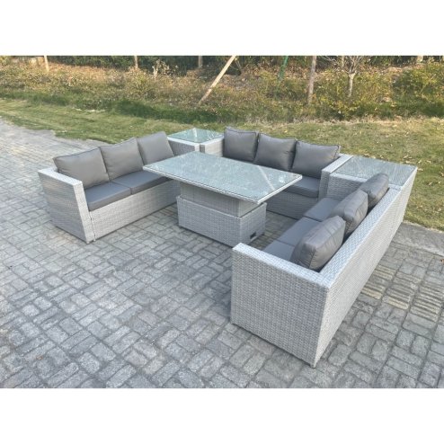 Fimous U Shape Lounge Rattan Garden Furniture Set Adjustable Rising Lifting Table Dining Set With 2 PC Side Coffee Tea Table Stool