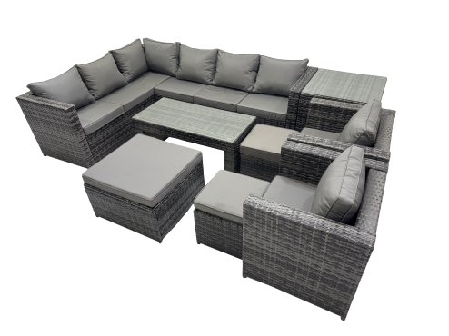 Fimous 9 Pieces Outdoor PE Rattan Garden Furniture Corner Sofa Oblong Coffee Table Set with Cushions 3 Footstools Side Table Dark Grey Mixed