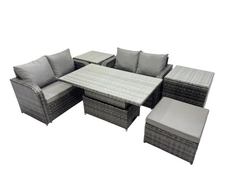 Fimous 5-seater Patio Height Adjustable Rising Lifting Table Sofa Sets Rattan Garden Furniture Dining Set with Big Stool 2 Side Tables Dark Grey Mixed