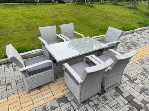 Fimous Light Grey Rattan Outdoor Garden furniture Set Rectangular Table and 6 Chairs Set with Seat Cushion