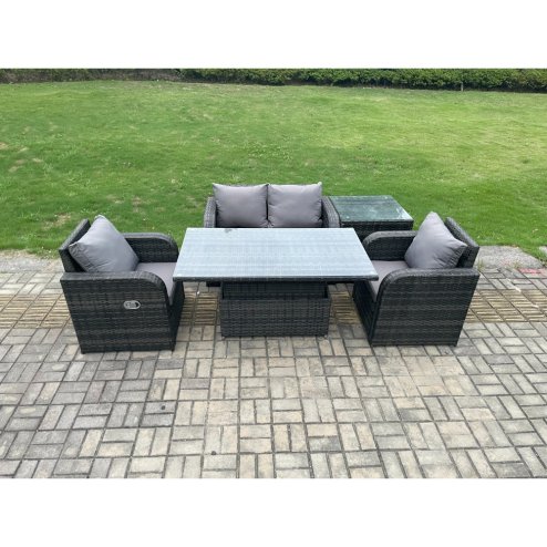 Fimous Outdoor Rattan Garden Furniture Set Height Adjustable Rising lifting Dining Table Love Sofa With Side Table Chair