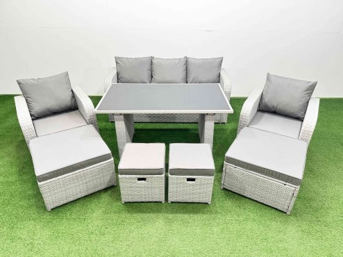 Fimous 9 Seater Patio Garden Furniture Sets with Black Glass Top Dining Table Love Sofa 4 Stools Light Grey