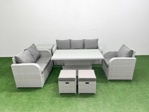 Fimous Patio PE Wicker 8 Seater Outdoor Rattan Furniture Sofa Sets with Adjustable Lifting Dining or Coffee Table Reclining Chair Loveseat Sofa 3 Seater Sofa Stool Side Table Light Grey