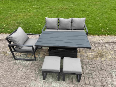 Fimous Aluminium Garden Furniture Set 6 Piece Aluminium Lounge Seating Adjustable Rising Lifting Dining Table Set with 2 Side Tables Big Footstool Dark Grey